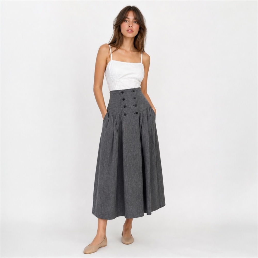 Vintage Cotton Top + High-Waist Button Pleated Maxi Skirt Set White Grey Small
